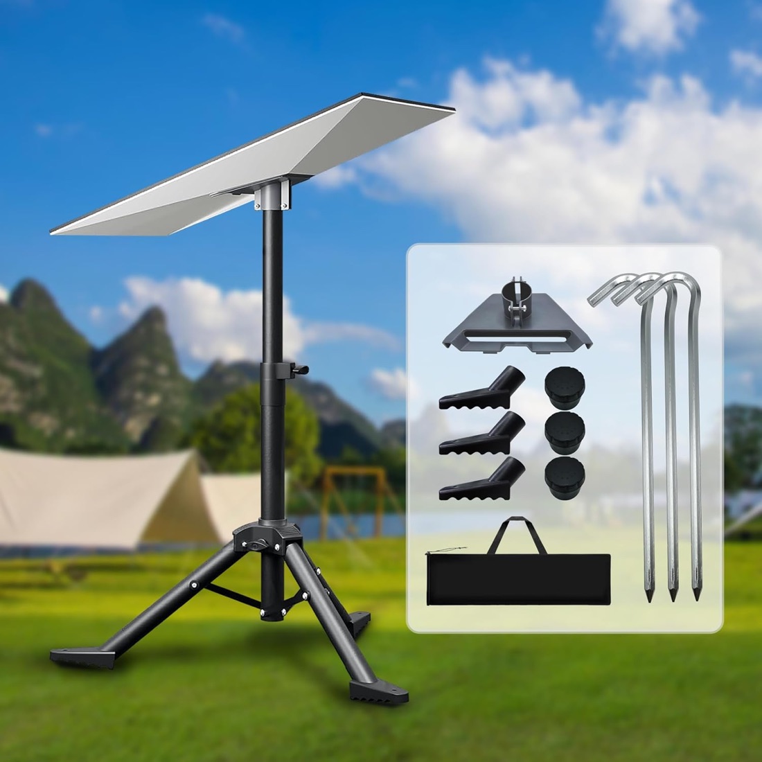 A Gen 3 Starlink dish mounted on a height-adjustable portable tripod stand, shown with its carry bag, ground stakes, and mounting accessories.
